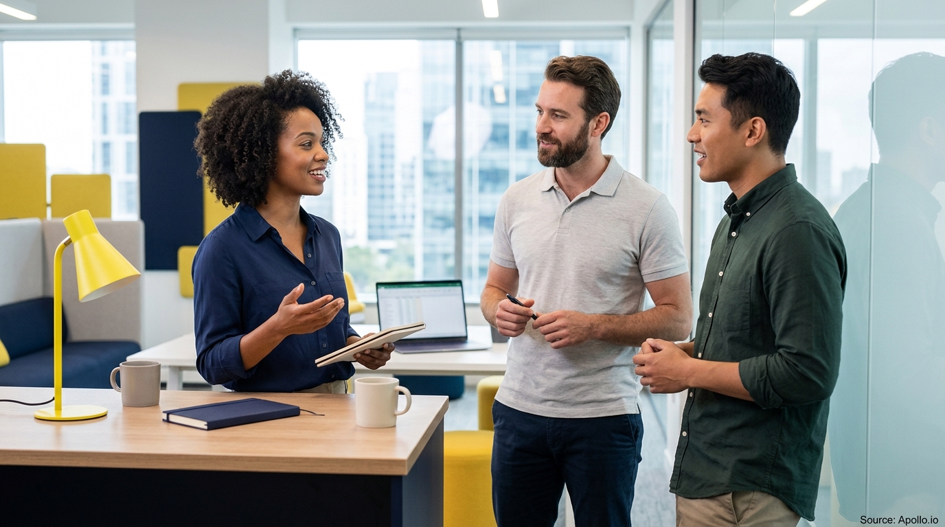Three diverse professionals converse and hold notebooks in a bright, modern office setting.