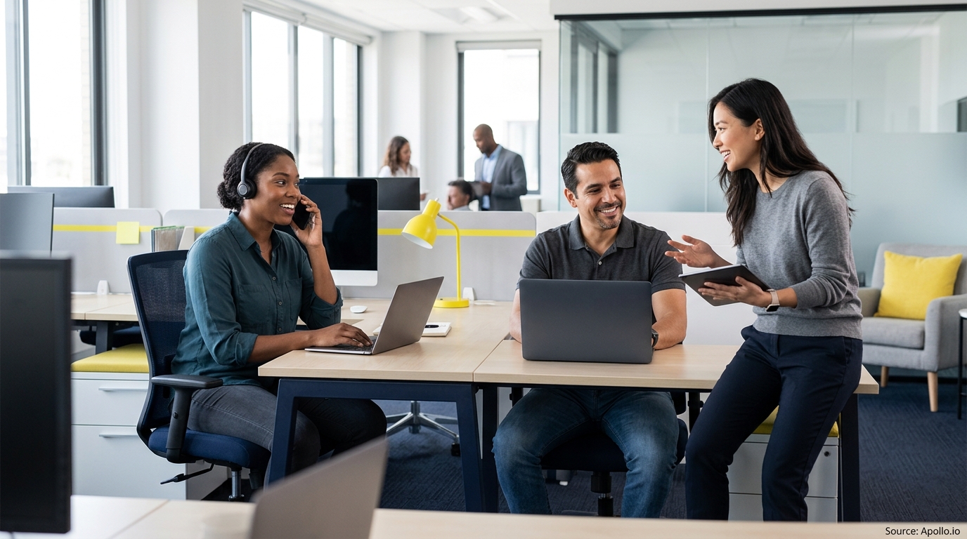 Three professionals collaborate and use modern technology in a bright, open-plan office.