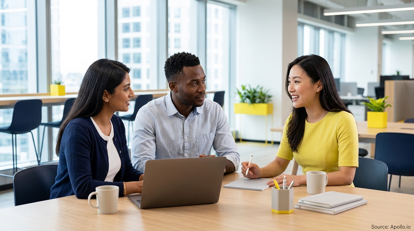 Three professionals collaborate around a laptop and notebooks at a bright, modern office table.