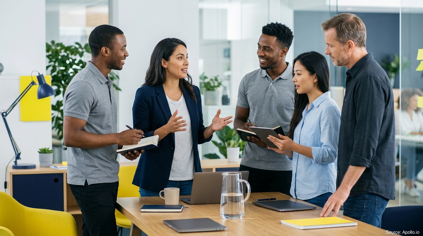 Five diverse professionals stand around an office table discussing work projects in a bright, modern workspace.