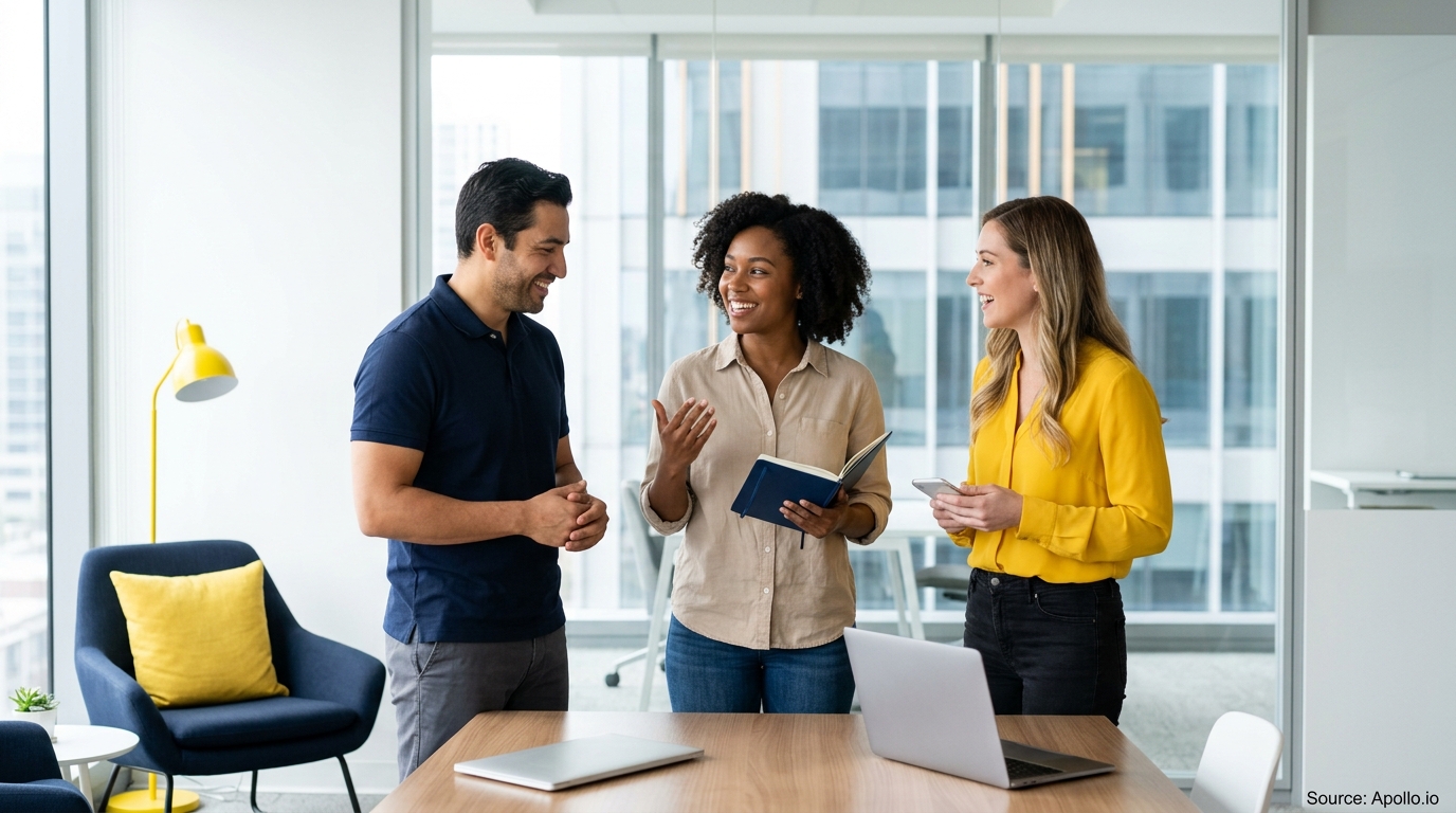 Three professionals talk and smile while standing around a table in a bright, modern office setting.