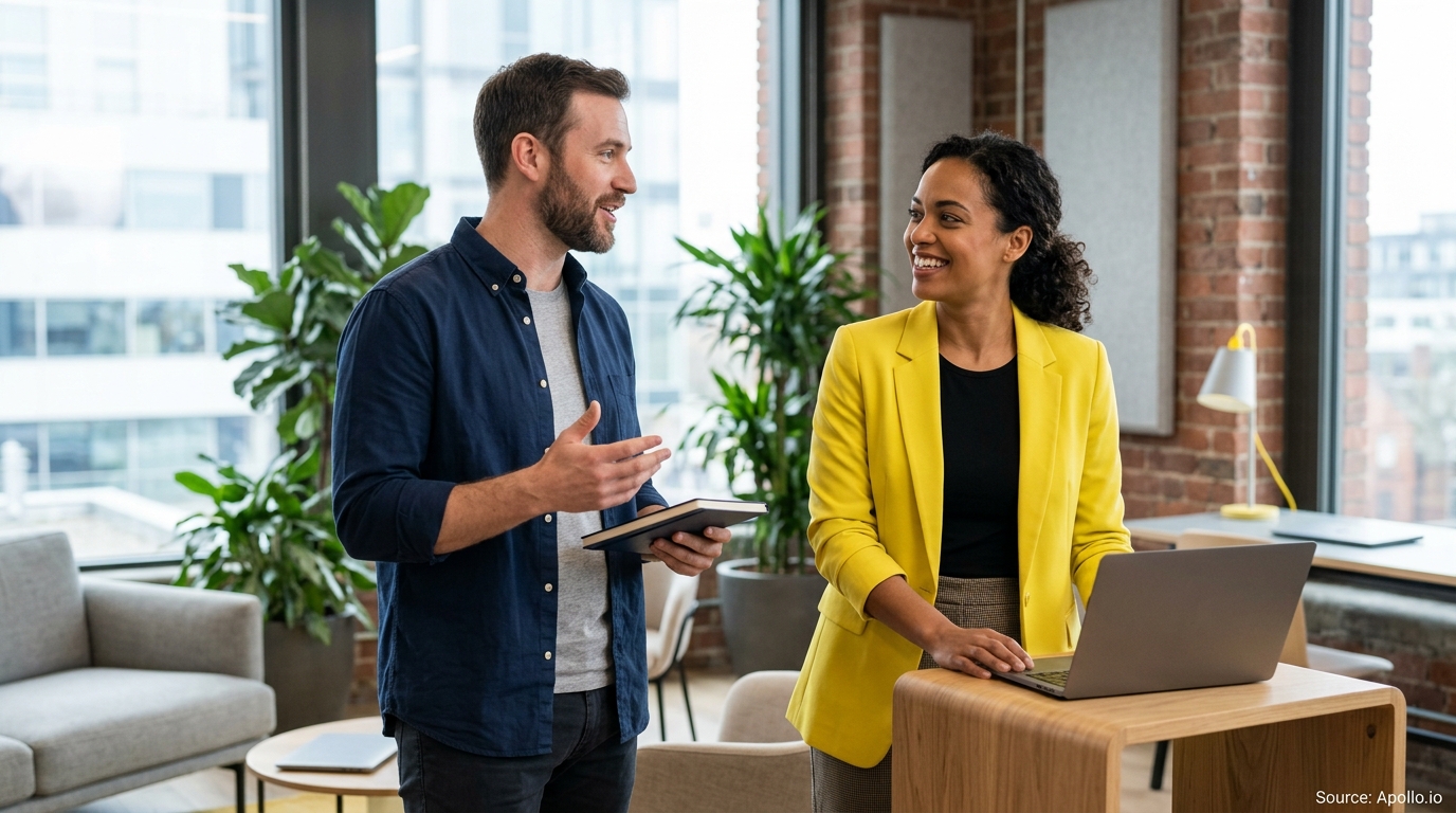 Two professionals discuss work in a bright, modern office using a laptop and notebook.