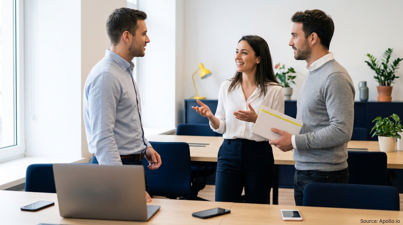 Three colleagues talk in a bright, modern office around desks with laptops and mobile devices.