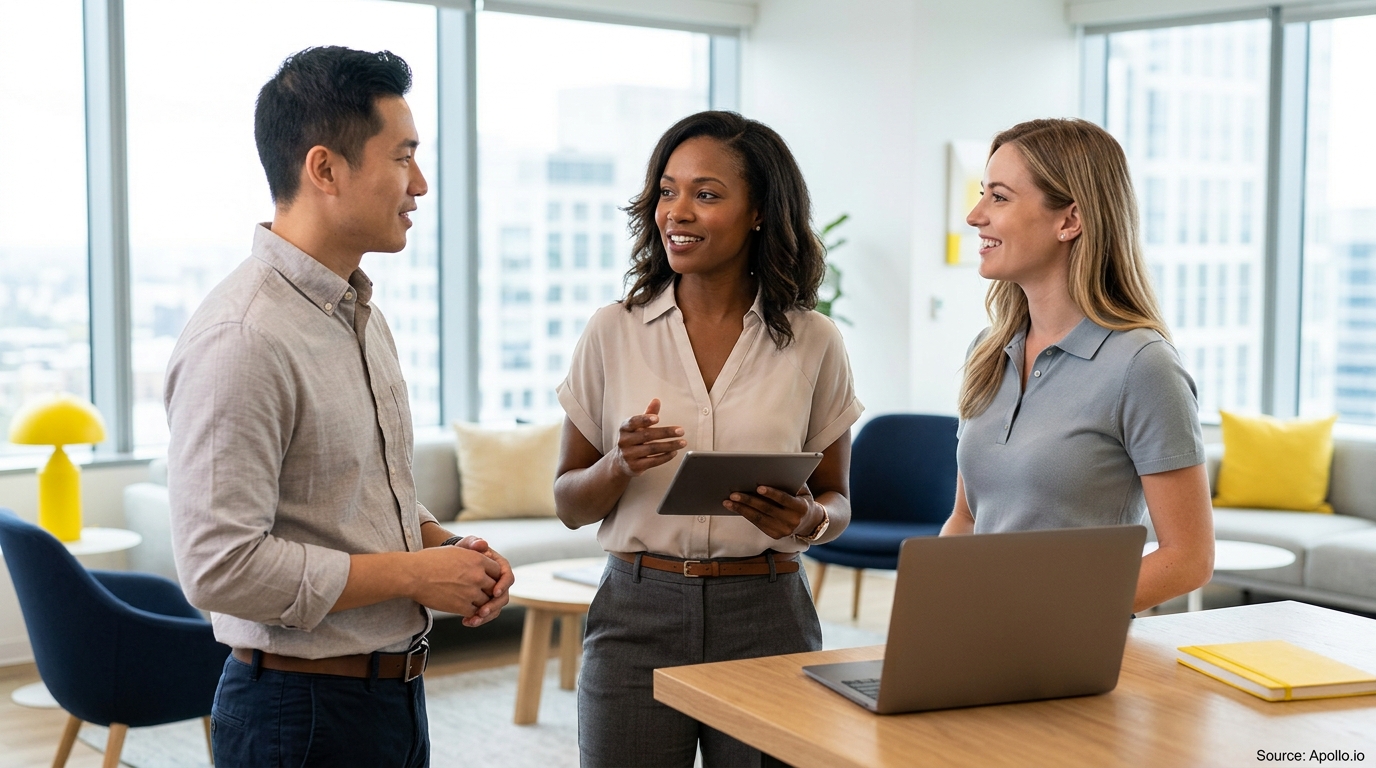 Three diverse professionals discuss business projects in a bright, modern office with a digital tablet and laptop.