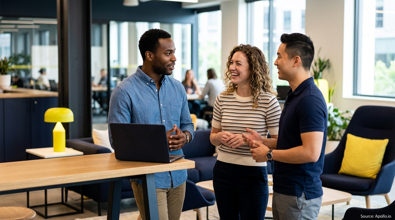 Three professionals discuss work in a modern, sunlit office lounge while standing near an open laptop.