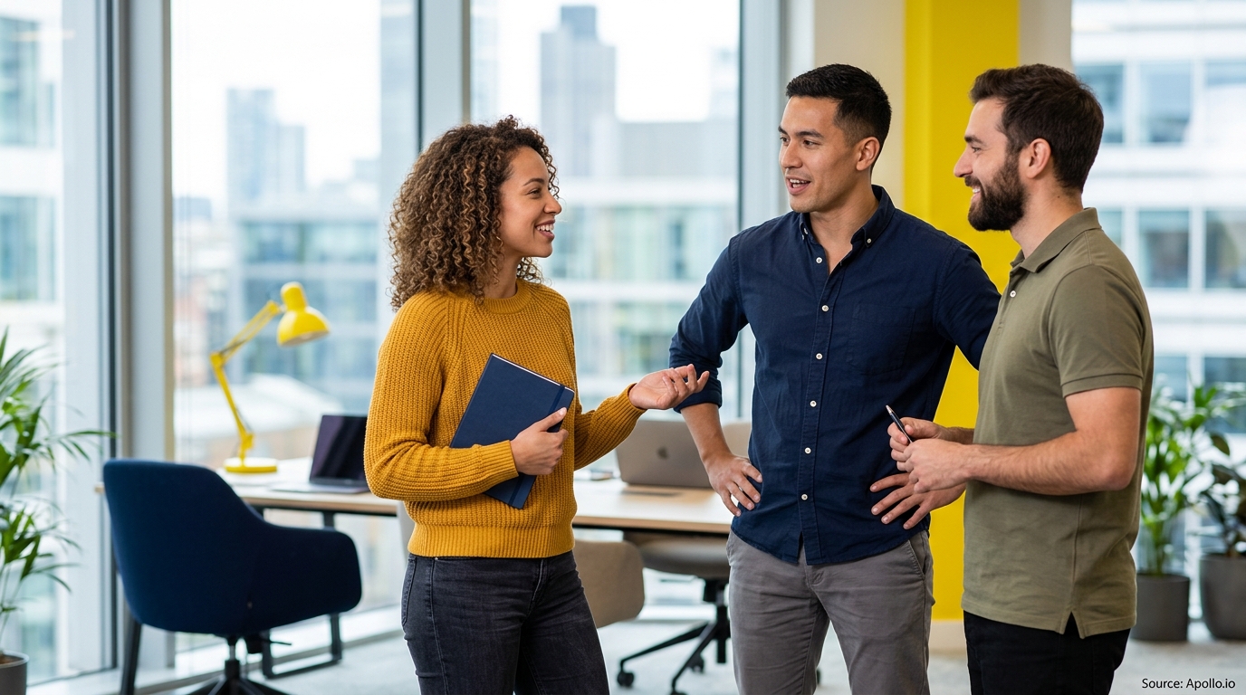 Three professionals smiling and talking in a bright, modern office with large windows and city views.