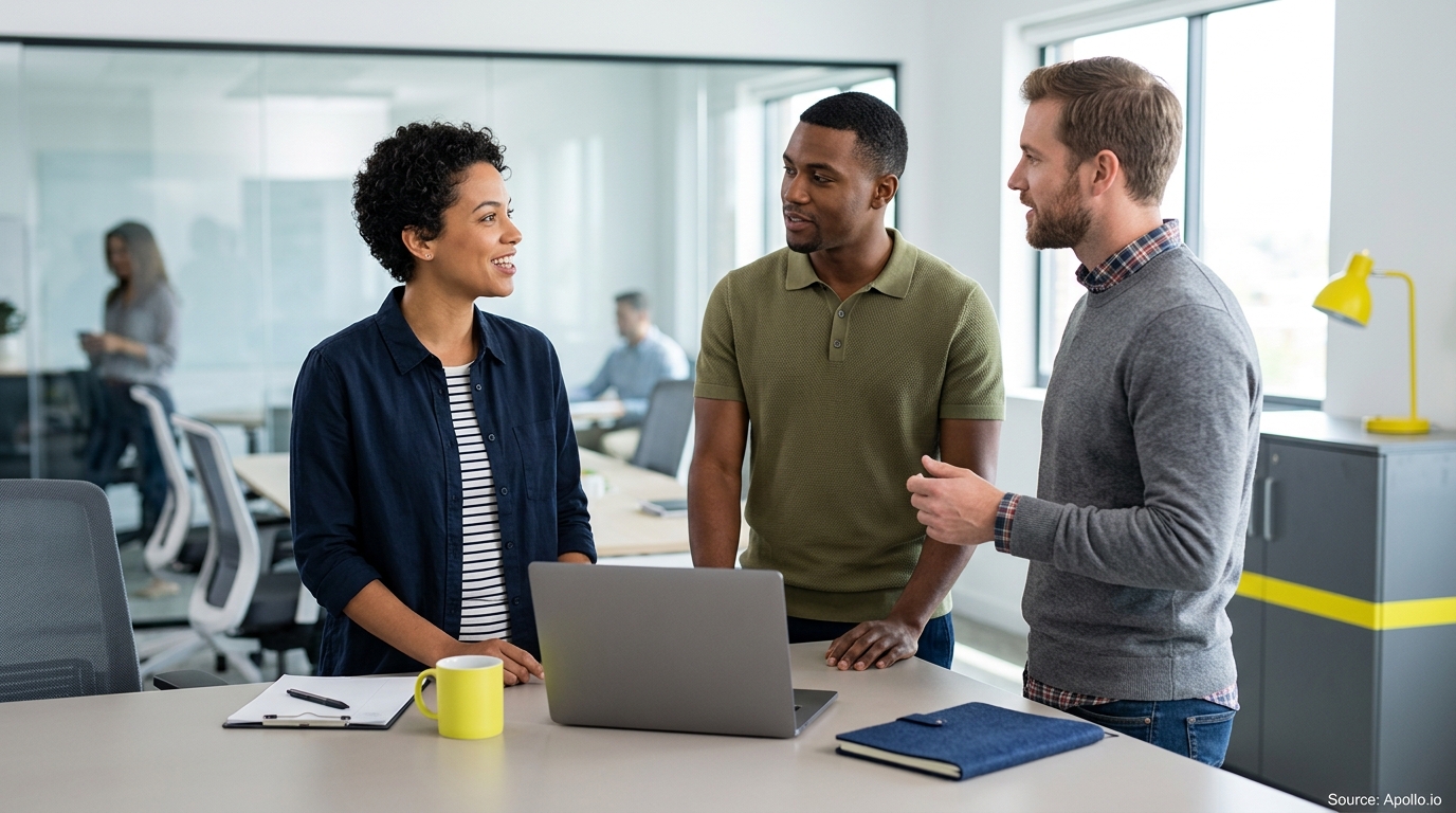 Three professionals talk while standing around a laptop at a desk in a bright, modern office setting.