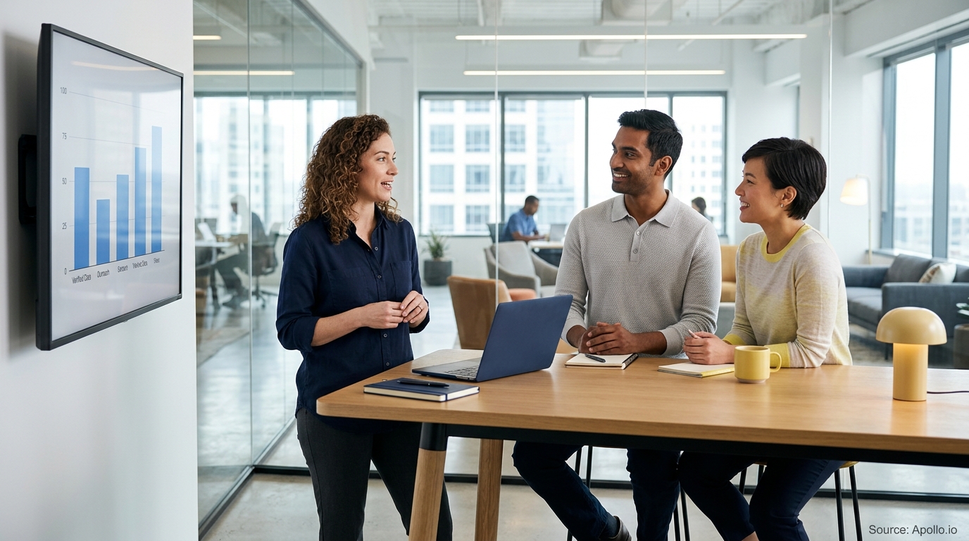 Three professionals review a bar chart together at a wooden table in a bright, modern office.