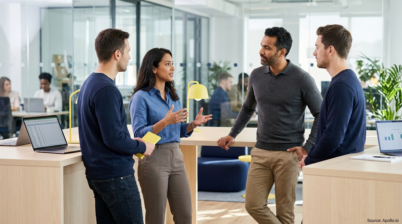 Four diverse professionals discuss projects while standing around tables in a bright, modern office.