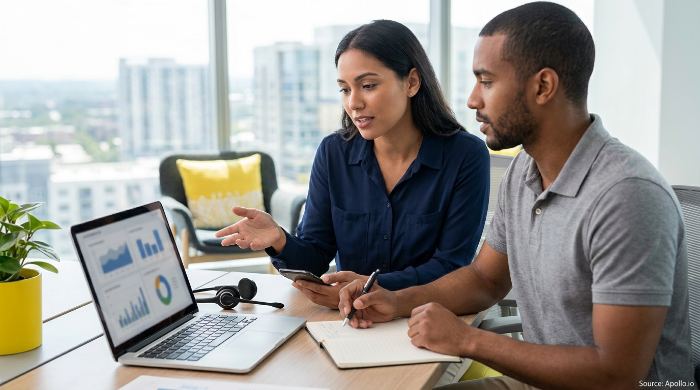 Two professionals discuss data on a laptop in a modern office with city views.