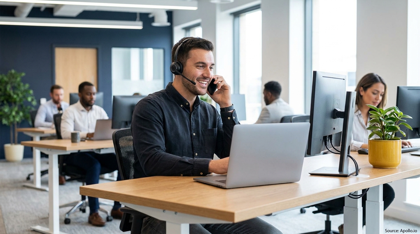 Smiling man on headset talks on phone and types while colleagues work in a modern office.
