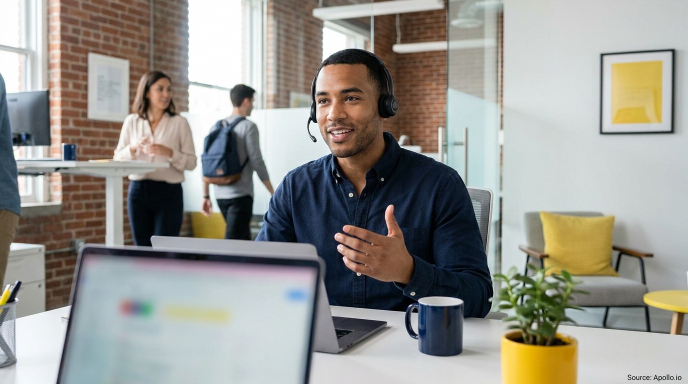 A man in a headset gestures during a call at a modern office desk with colleagues.