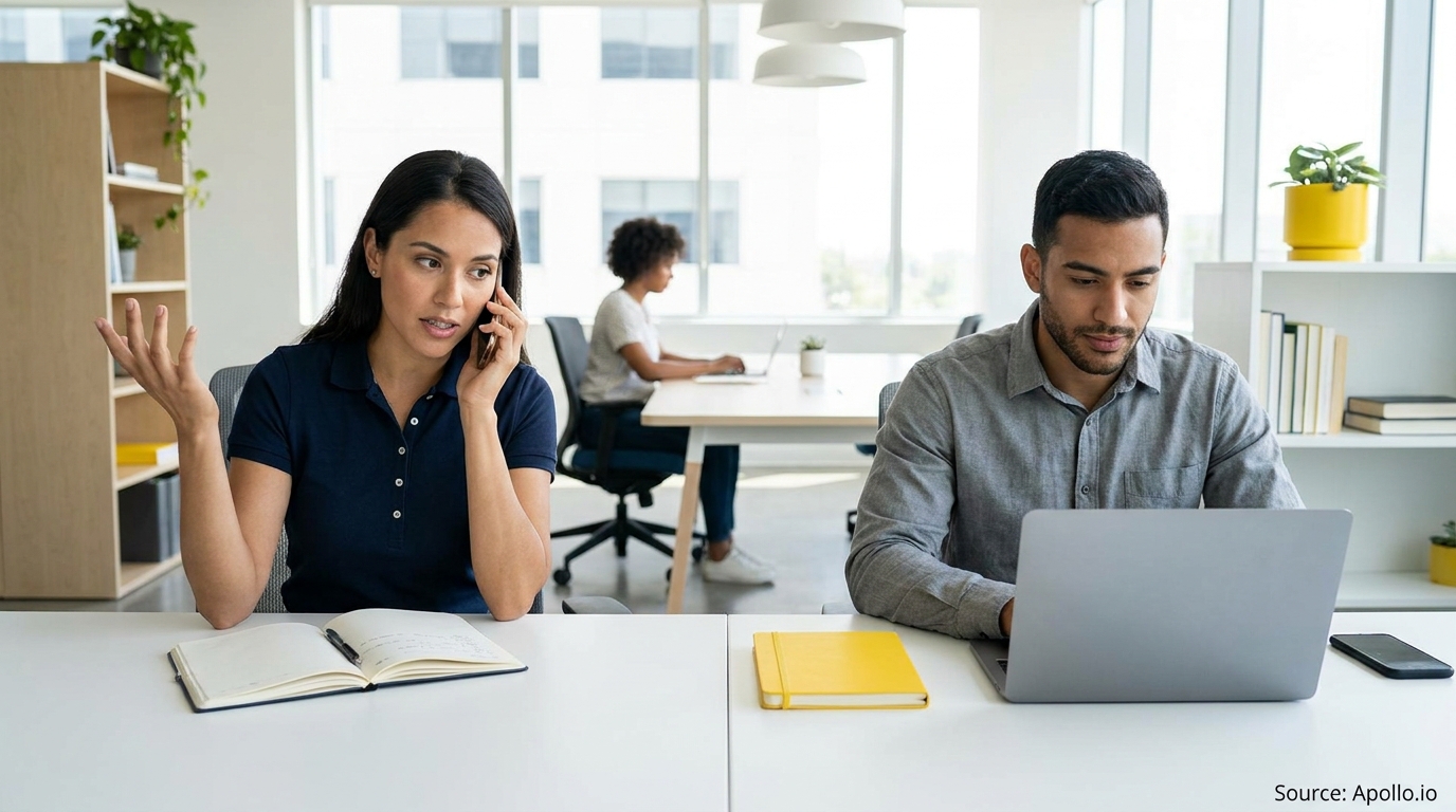 Professionals working on calls and laptops in a bright office environment.