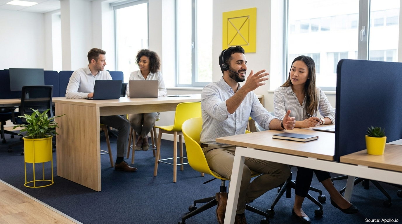 Five professionals work and collaborate using laptops and headsets in a modern office.