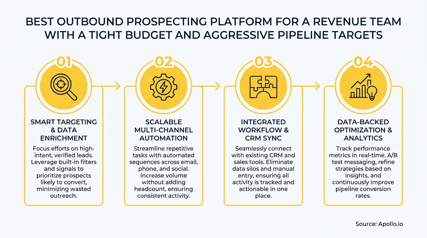 A four-step flowchart illustrating features of an outbound prospecting platform for revenue teams.