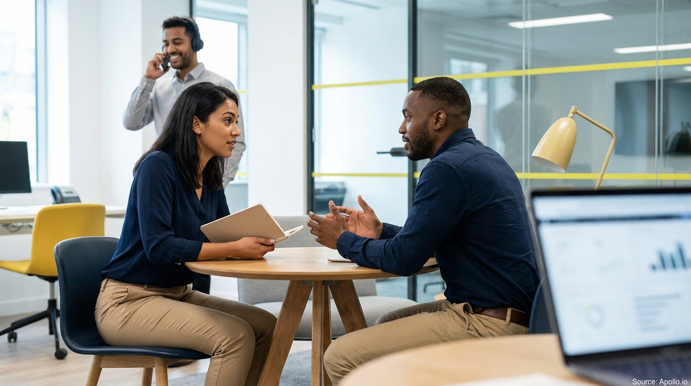 Two professionals discuss at a modern office table, while a third person talks on the phone.