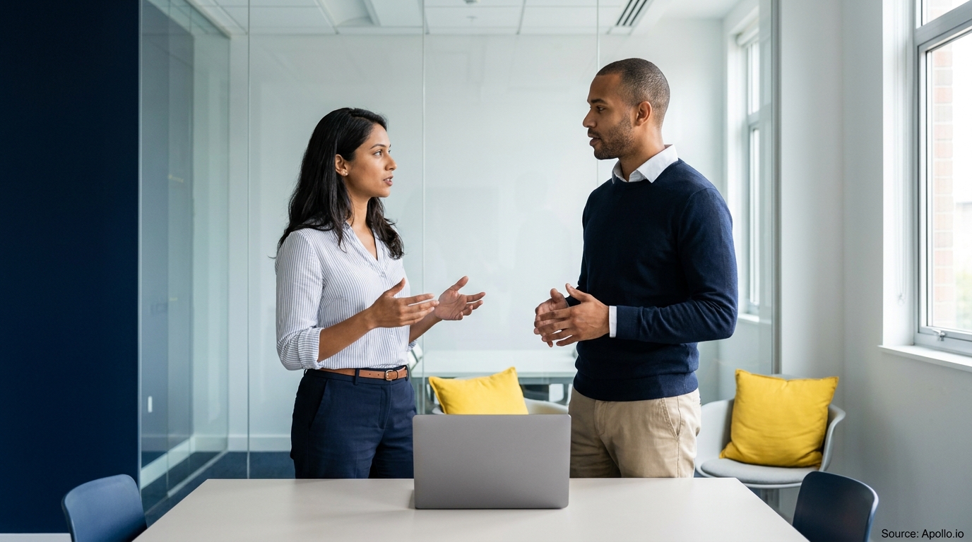 Two colleagues discuss by a laptop in a bright, modern office.