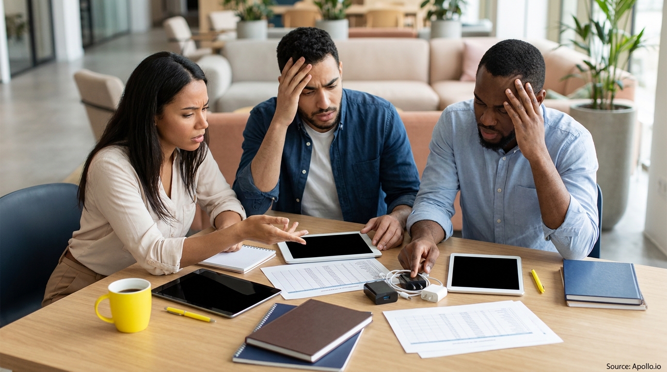 Three colleagues appear overwhelmed reviewing data on tablets in a modern office.