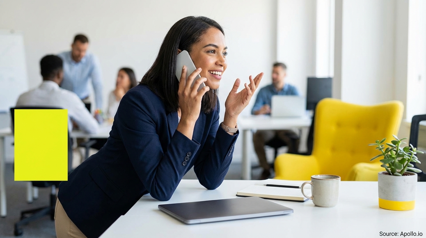 Smiling woman talks on phone in a modern office with colleagues working.