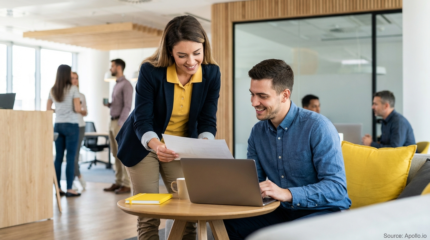 Two smiling professionals review documents and a laptop in a modern office.