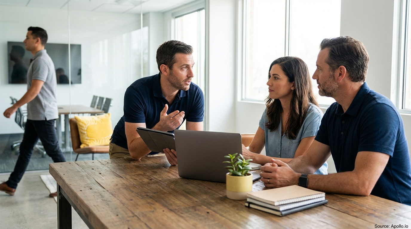 Three colleagues collaborate at a wooden table with a laptop and tablet, another walks by.