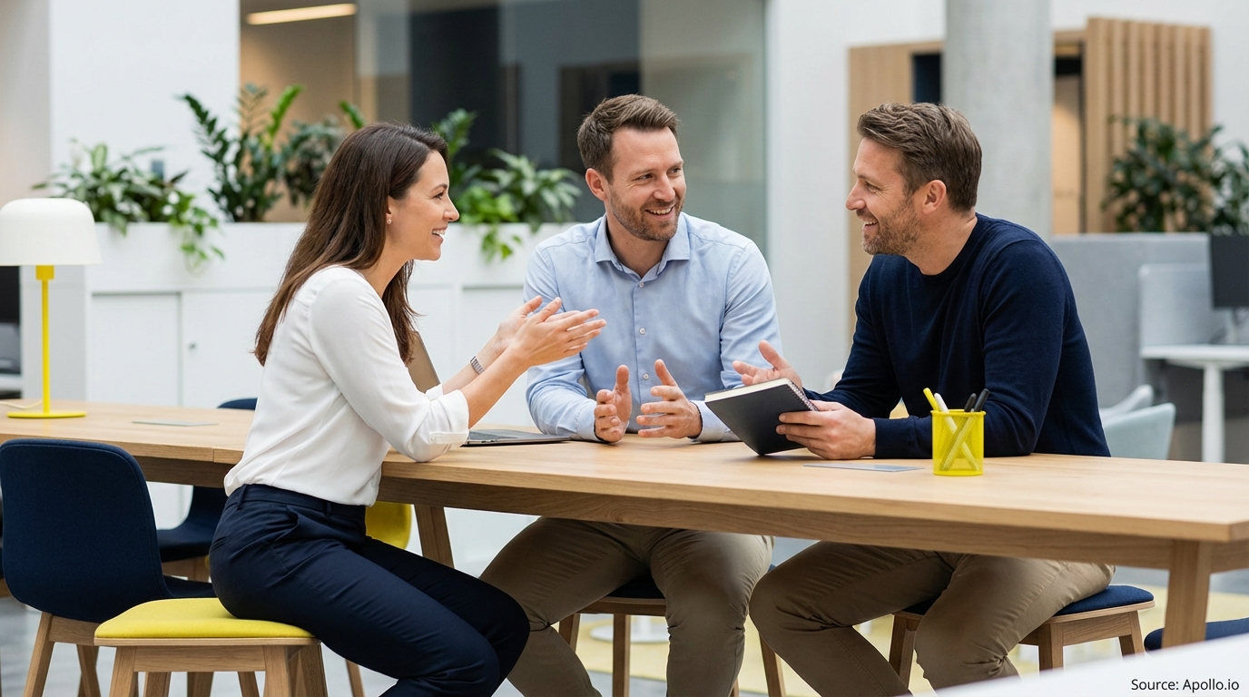 Three professionals smiling and discussing at a modern office table.