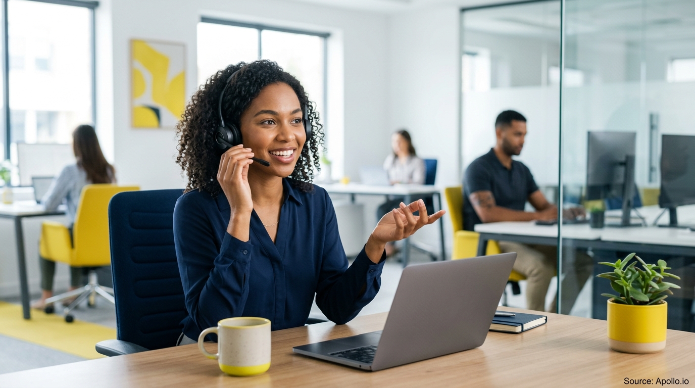 A professional woman wearing a headset works at a laptop in a modern office with three colleagues.
