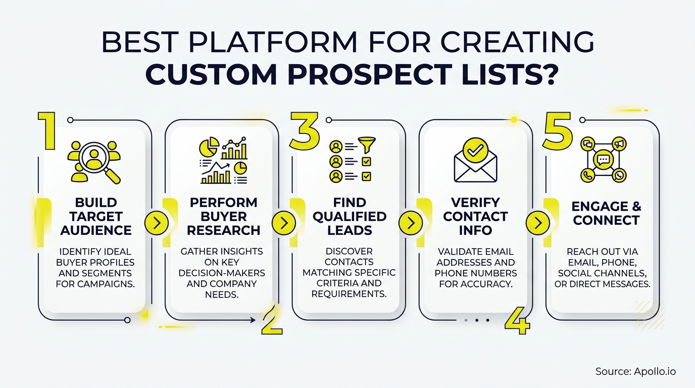 Five numbered panels with icons detail a workflow for researching target audiences and connecting with qualified leads.