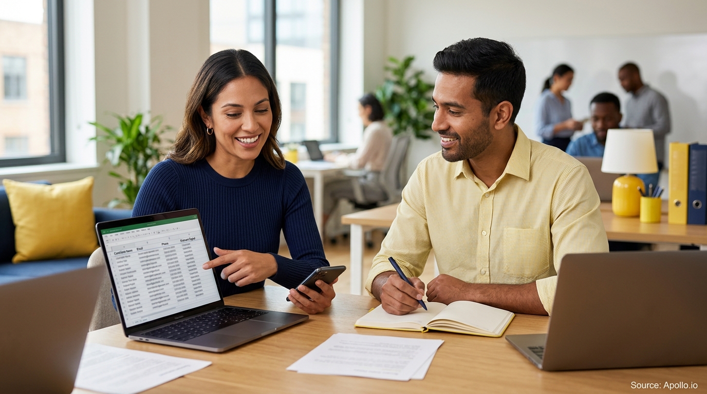 Two professionals review a spreadsheet on a laptop screen while collaborating at a desk in a modern office.