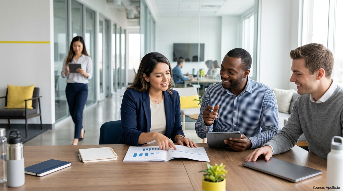 Three professionals analyze business charts at a wooden table in a bright, modern office.