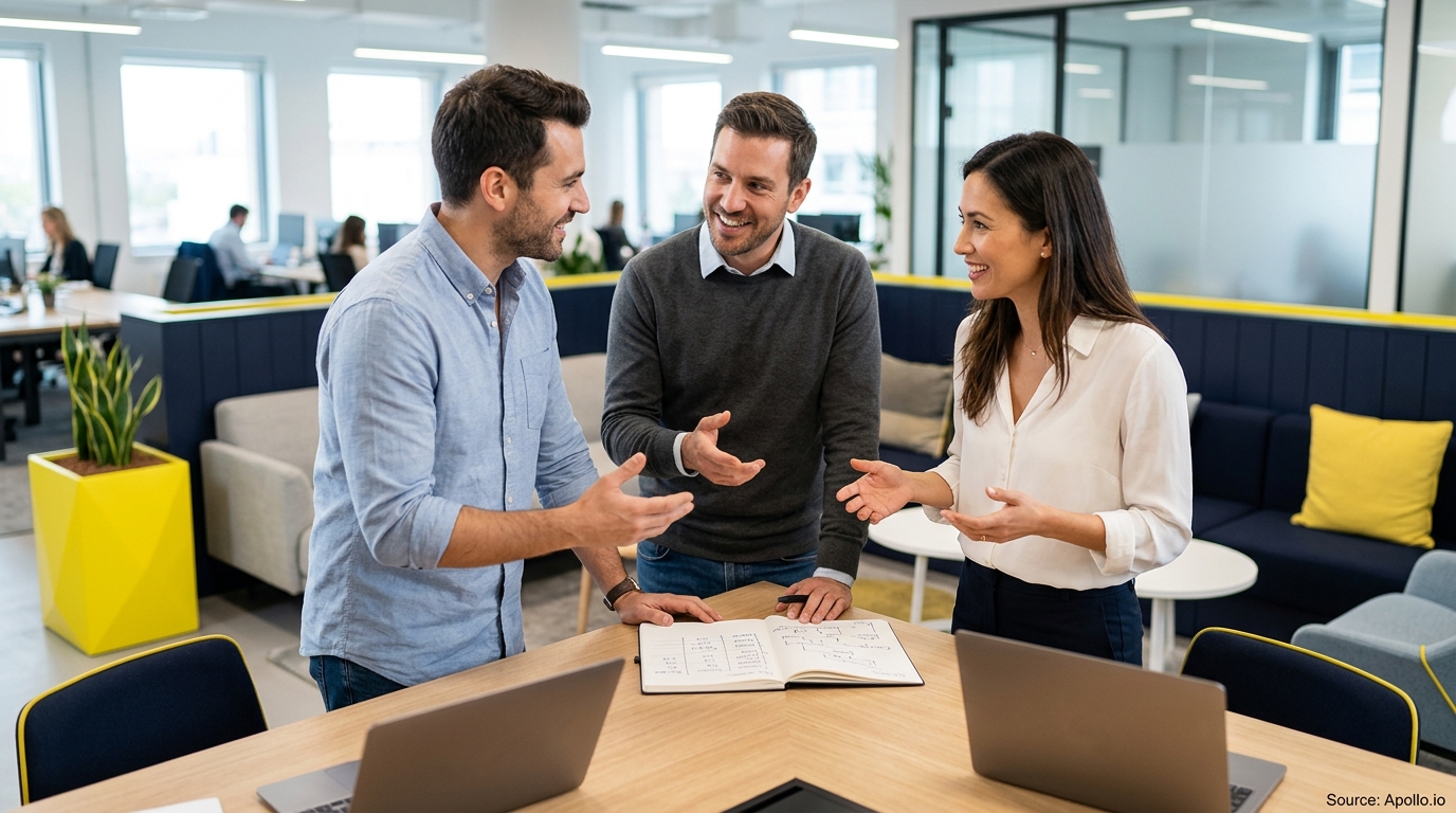 Three professionals talk and gesture over a notebook and laptops in a modern, open-plan office.