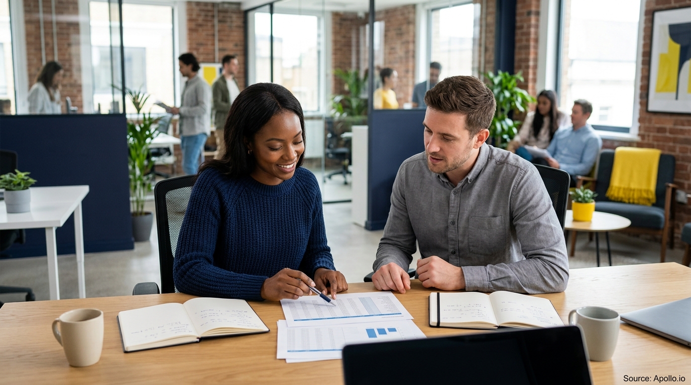 Two professionals analyze data spreadsheets at a desk in a bright, modern open-plan office.