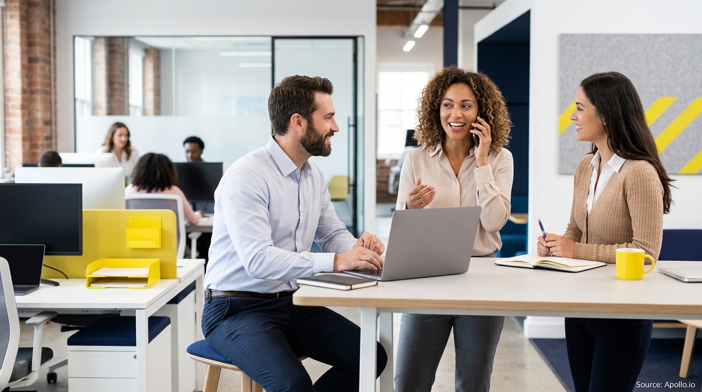 Three professionals collaborate in a modern office while one woman smiles and speaks on a mobile phone.