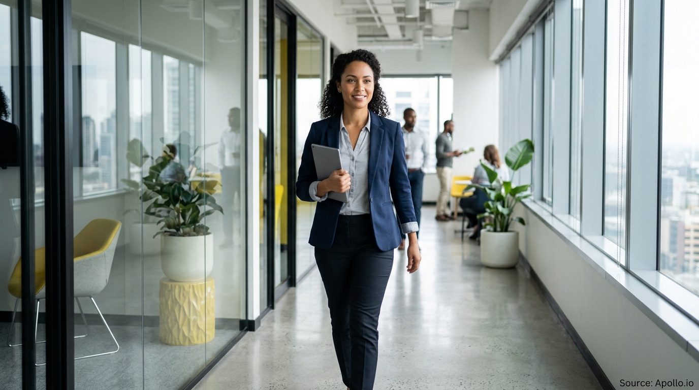 A smiling professional woman walks through a modern office holding a tablet with three colleagues in the background.