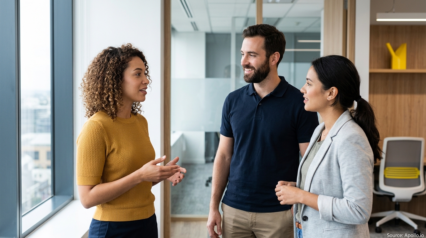 Three business colleagues talk and gesture during a professional discussion inside a bright, contemporary office.
