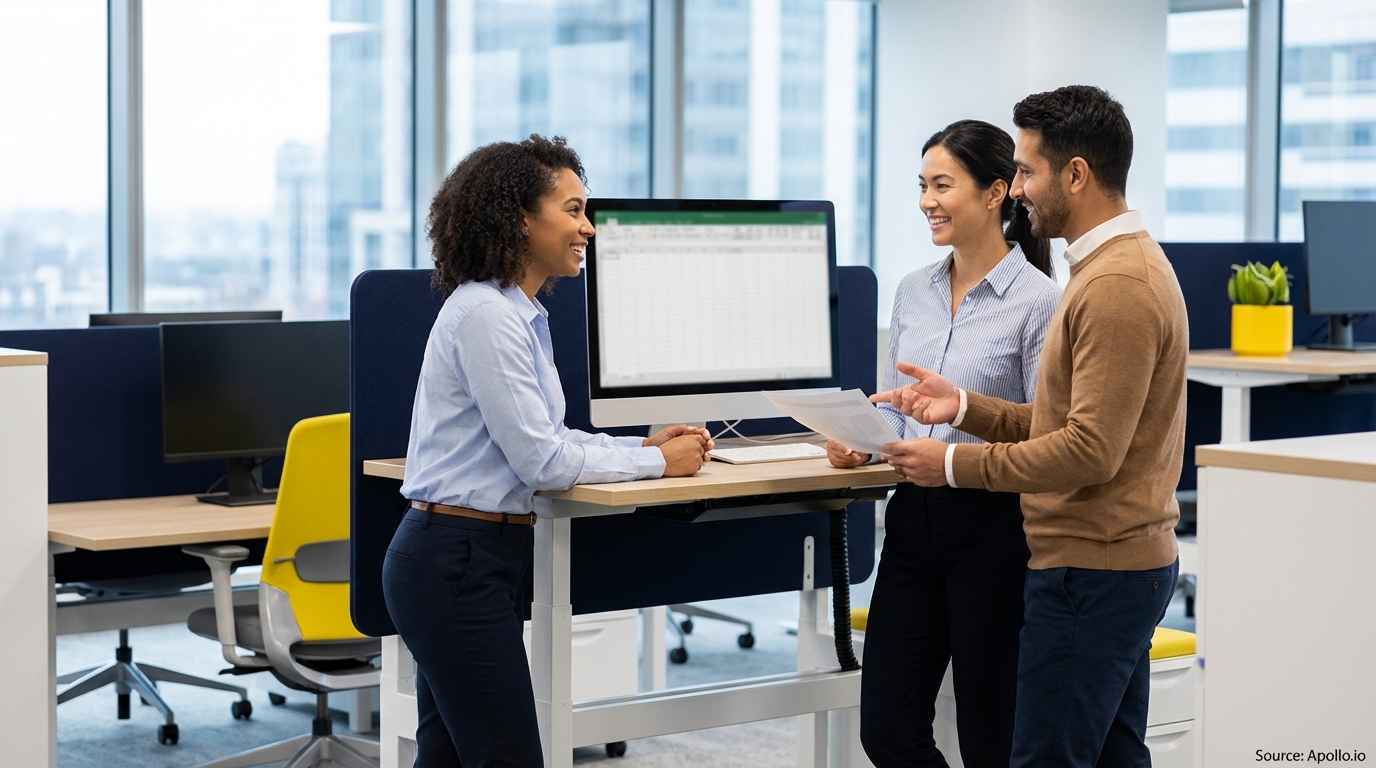 Three colleagues collaborate and discuss documents at a modern office standing desk.
