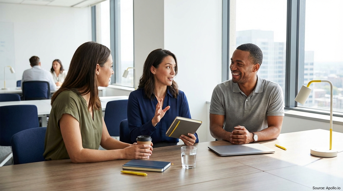 Three colleagues conversing at a bright, modern office table.