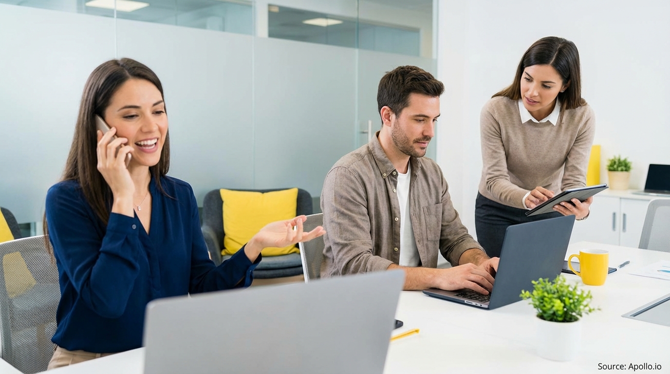 Three colleagues in an office; one on the phone, one on a laptop, and one showing a tablet.