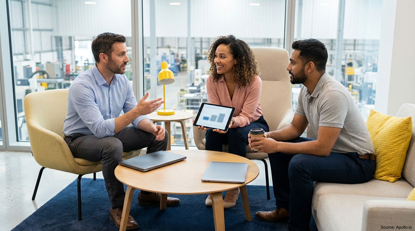 Three professionals discuss in a modern office lounge, one showing a tablet with data, overlooking a factory.