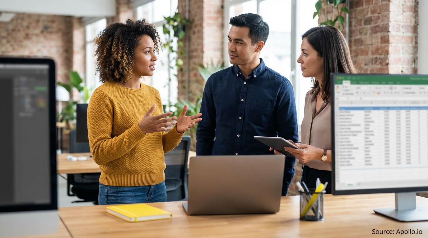 Three colleagues discuss at an office desk with a laptop, tablet, and monitor.