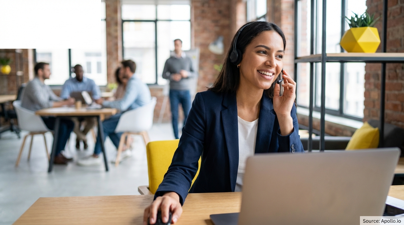 A smiling woman in a headset works on a laptop at her desk in a busy office.