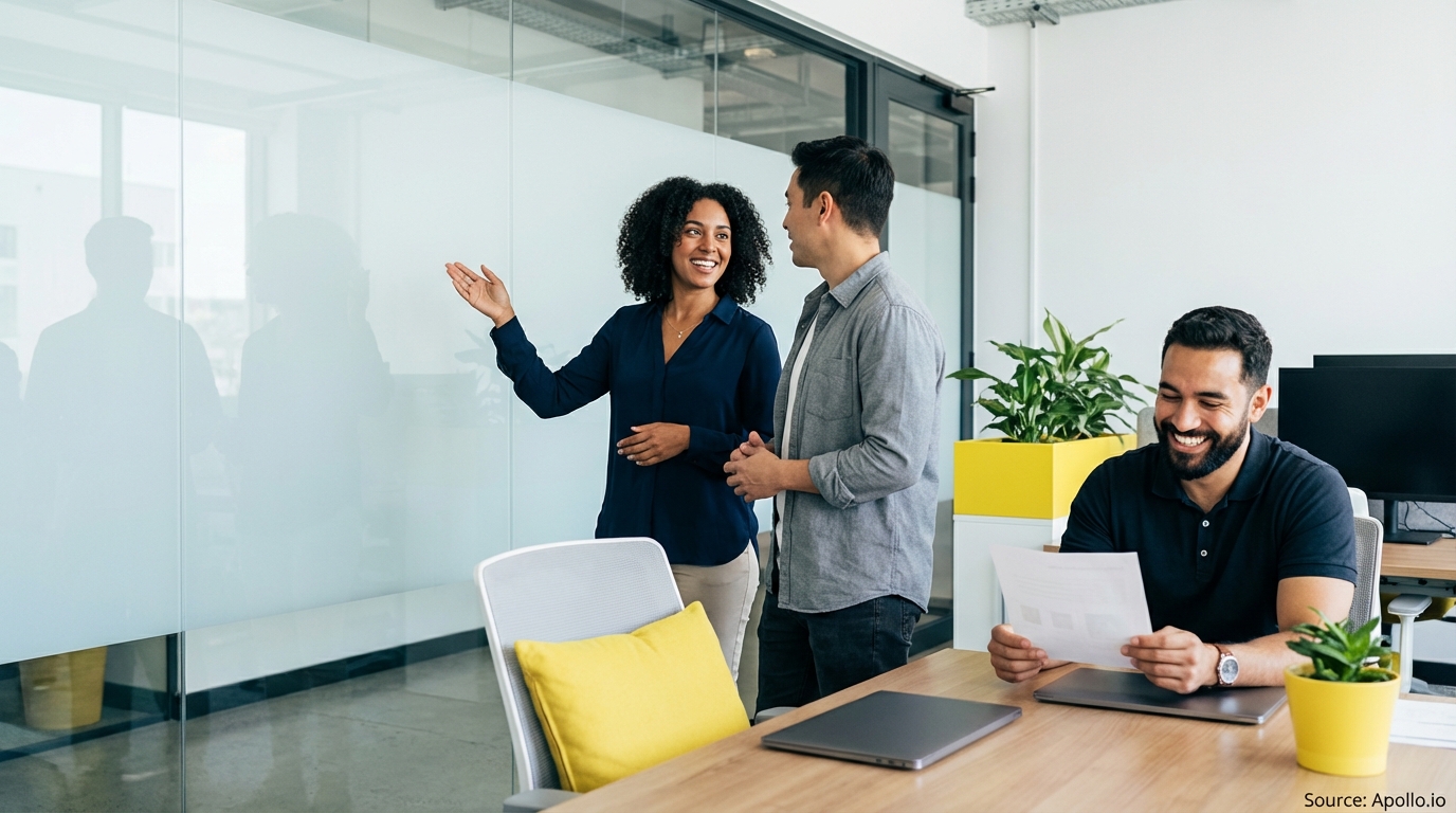 Three smiling colleagues discuss and work in a sunny, modern office.
