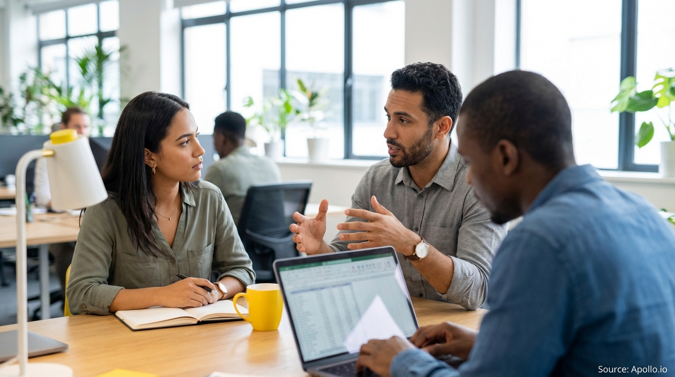 Three colleagues discuss work, using a laptop and notebook, in a modern office.