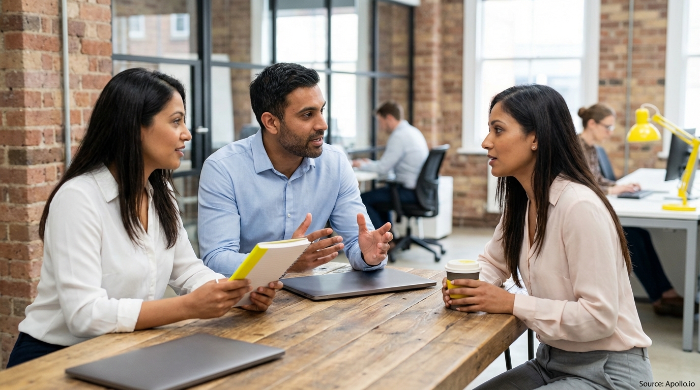 Three professionals engaged in a discussion at a wooden office table.