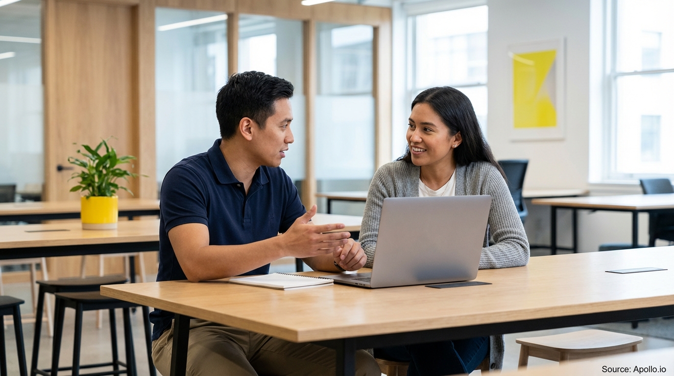 Two professionals collaborate at a modern office table with a laptop.