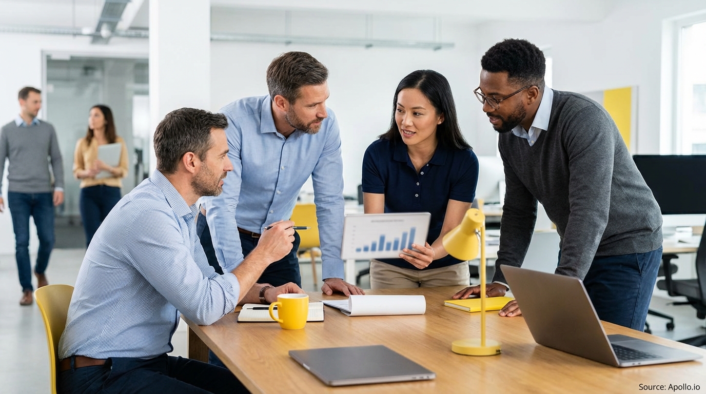 Four people collaborate at an office table, reviewing charts on a digital tablet.