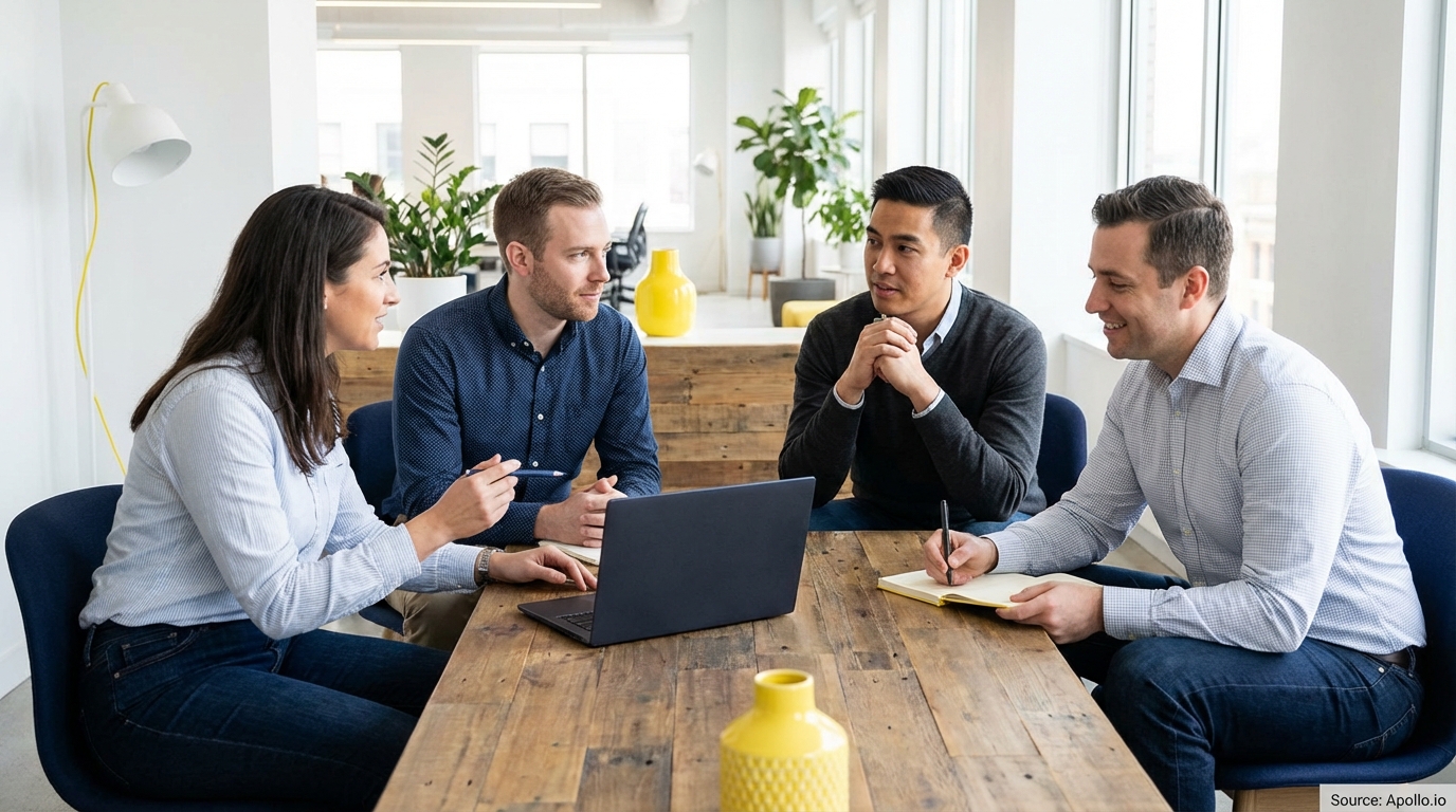 Four people are collaborating around a wooden table in a bright, modern office.