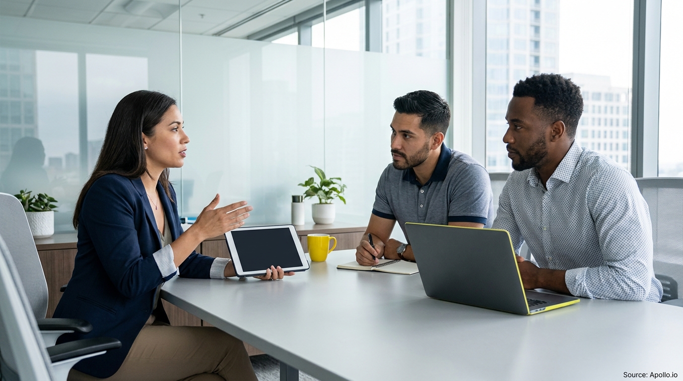 Three diverse professionals discuss in a bright office, a woman presenting on a tablet to two listening men.