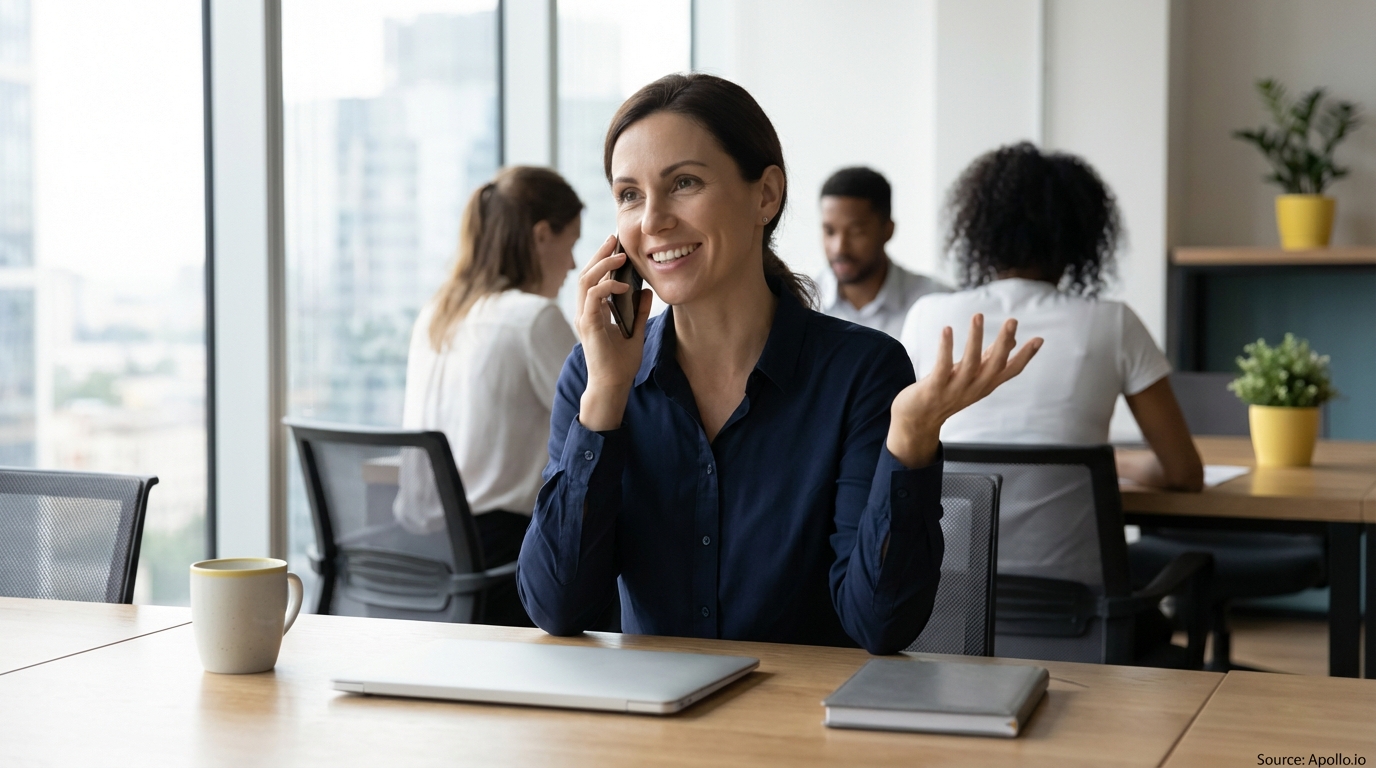 Smiling woman talks on phone at office desk; colleagues work in background.