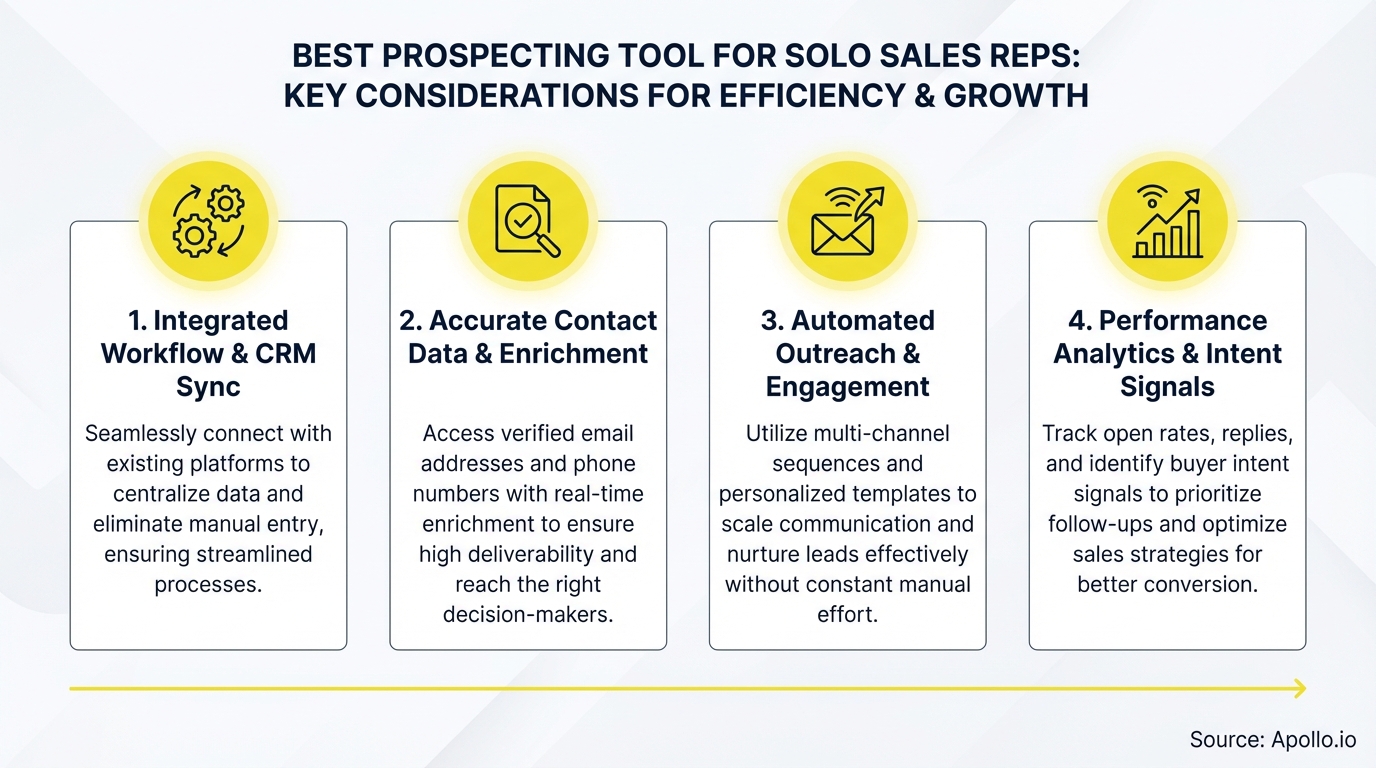 Infographic presenting four essential features for solo sales prospecting.